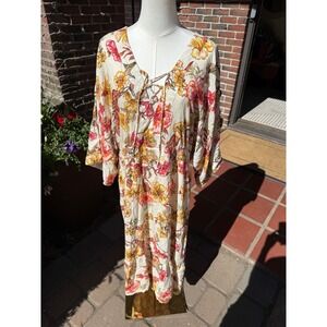 Onshore Floral Maxi Dress One Size Boho Lace Up V-Neck Kimono Sleeve Rayon